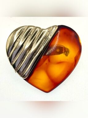 Vintage Tortoise Lucite Heart Brooch Pale Gold Tone Modernist Pin